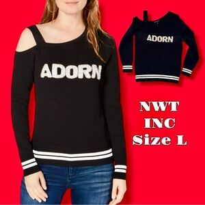 ✨ I.N.C NWT Sweater Chic Black "Adorn" Sparkle Asymmetrical Cold Shoulder L ✨